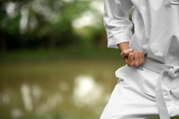 Photo gratuite homme s'entraînant au taekwondo en plein air dans la nature