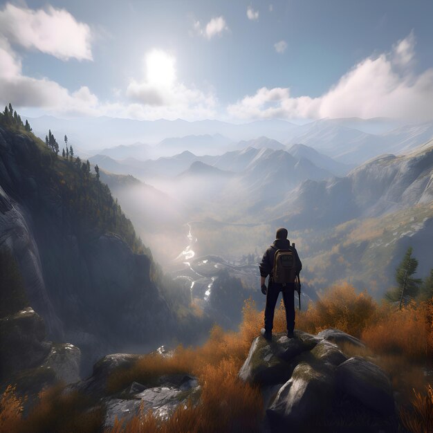 Photo gratuite un homme avec un sac à dos debout sur un rocher et regardant la vallée