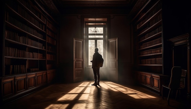 Photo gratuite un homme se tient dans une pièce sombre avec une grande fenêtre qui dit 