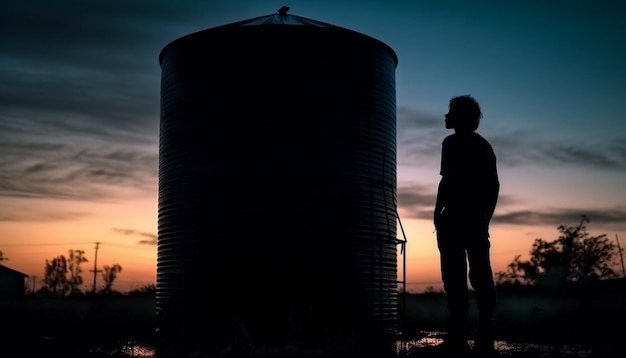 Photo gratuite un homme se tient devant un silo à grains au coucher du soleil.