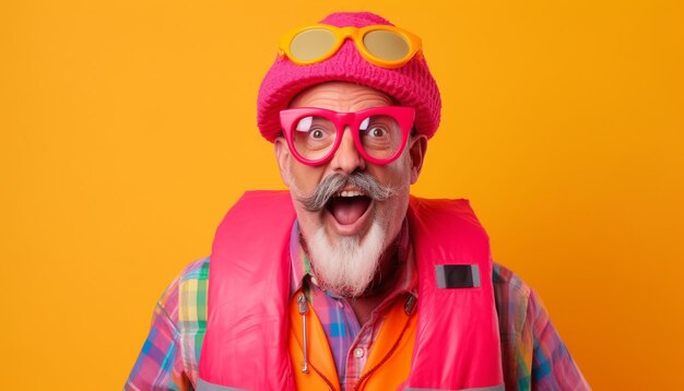 Un homme senior joyeux avec barbe et moustache triomphe de l'hiver généré par l'IA