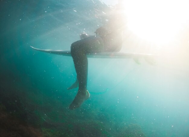 Homme en short assis sur une planche de surf sous l&#39;eau