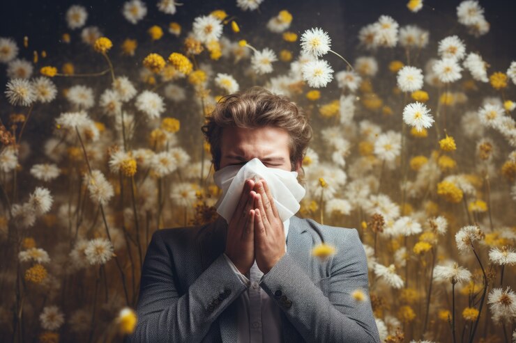 Photo gratuit homme souffrant d'allergie en étant exposé au pollen de fleurs à l'extérieur