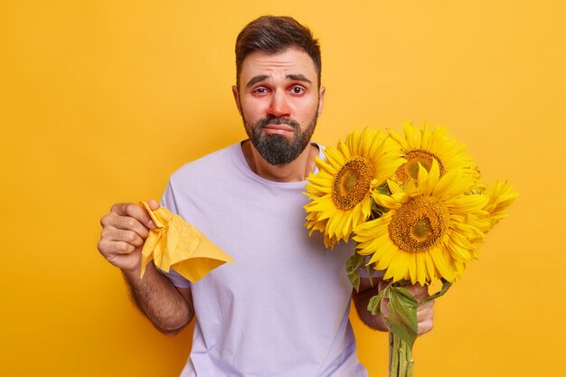 l'homme souffre d'allergie a le nez qui coule yeux larmoyants rouges tient un tissu tient un bouquet de tournesols isolé sur jaune