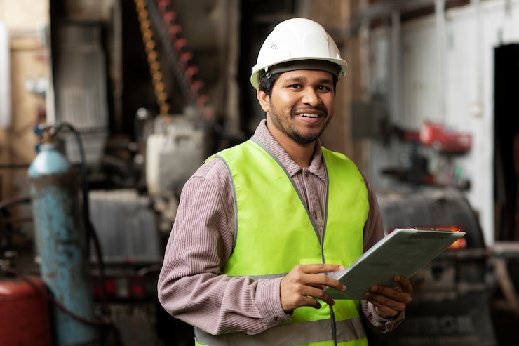 Photo gratuit homme souriant de coup moyen portant un casque