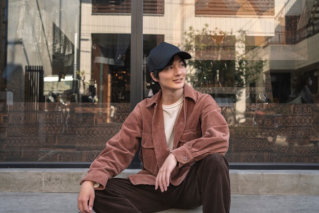 Homme souriant à coup moyen posant avec un chapeau de camionneur