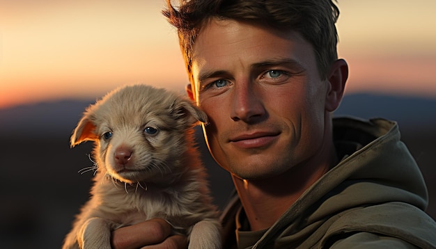 Photo gratuite un homme souriant embrasse son adorable chiot à l'extérieur au coucher du soleil généré par l'intelligence artificielle