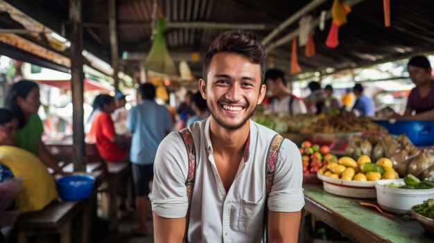 Homme souriant à la foire du marché