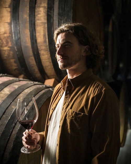 Photo gratuite homme souriant vue de côté dans la cave à vin