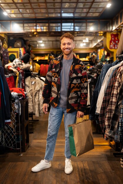 Homme souriant vue de face au magasin d'aubaines