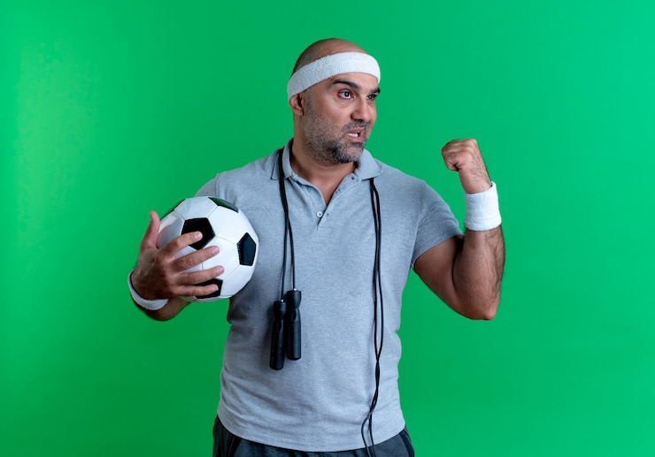 Photo gratuit homme sportif mature en bandeau tenant un ballon de soccer levant le poing à côté avec visage sérieux debout sur mur vert