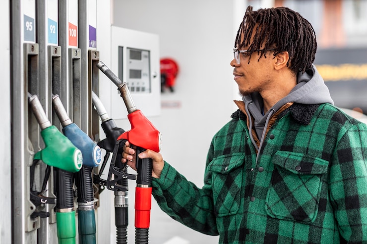 Photo gratuit homme à la station-service avec la voiture