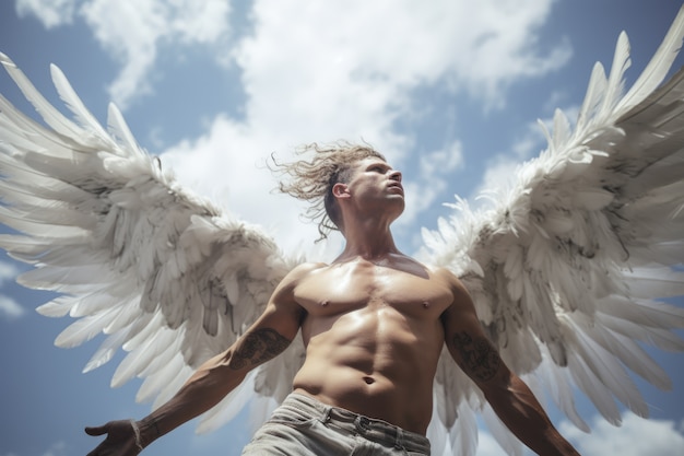 Photo gratuite un homme de taille moyenne avec des ailes volantes.