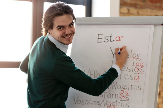 Un homme de taille moyenne corrige des erreurs de grammaire.
