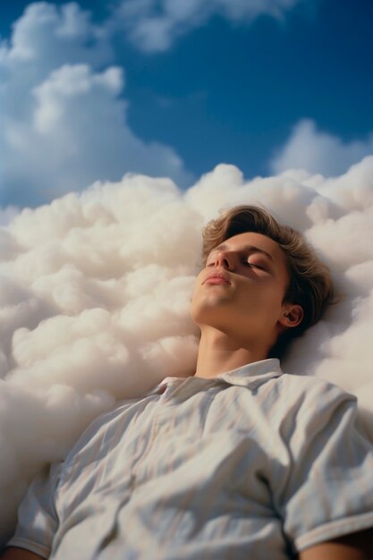 Un homme de taille moyenne dormant sur les nuages.