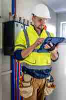 Photo gratuite l'homme un technicien électricien travaillant dans un standard avec des fusibles utilise une tablette