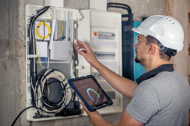 Photo gratuite l'homme un technicien électricien travaillant dans un standard avec des fusibles utilise une tablette