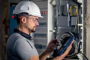 Photo gratuite l'homme un technicien électricien travaillant dans un standard avec des fusibles utilise une tablette