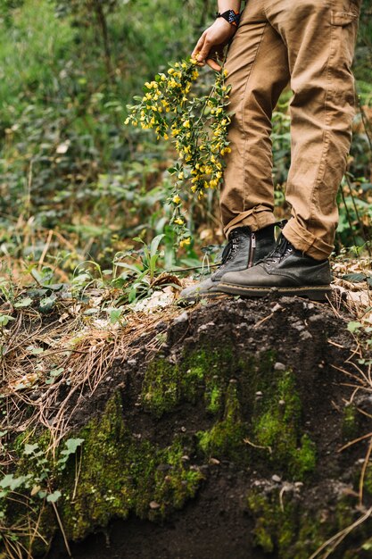 Homme tenant des fleurs sauvages dans la nature