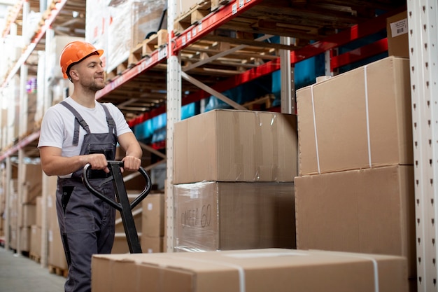 Homme de tir moyen dans les entrepôts logistiques