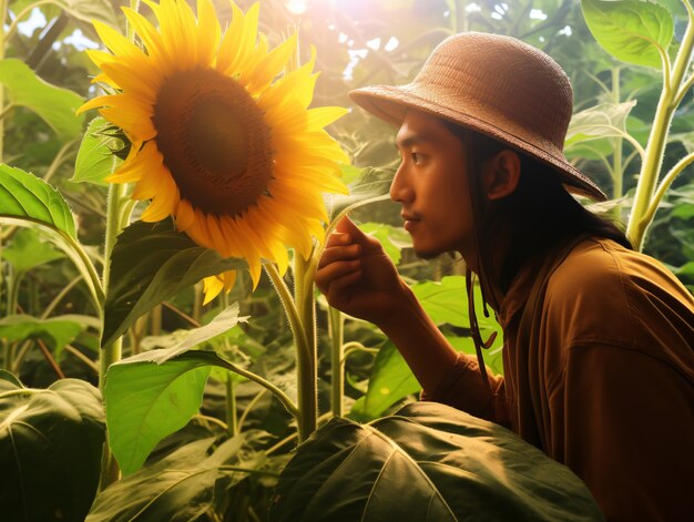 Photo gratuite homme de tir moyen avec tournesol