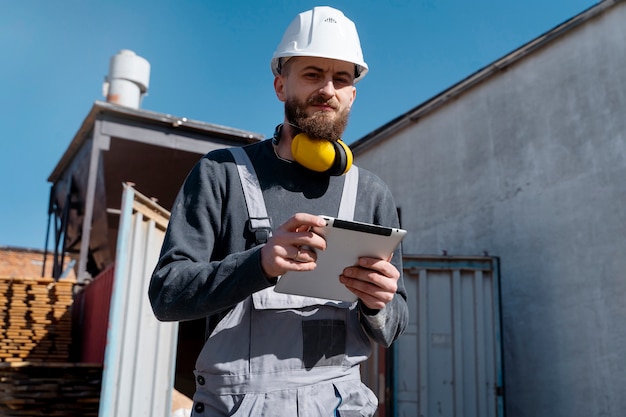 Photo gratuite homme travaillant dans un entrepôt de panneaux mdf