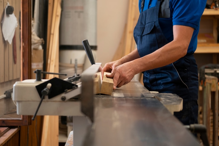 Photo gratuit homme travaillant dans son atelier de menuiserie avec des outils et du matériel