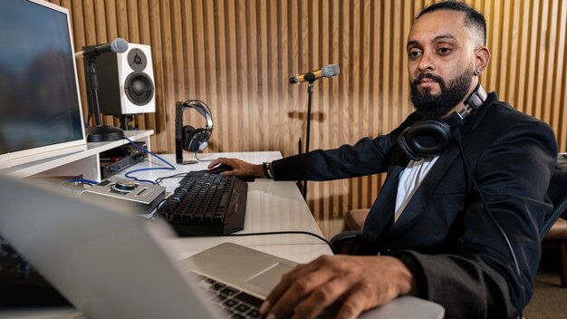 Homme travaillant dans une station de radio