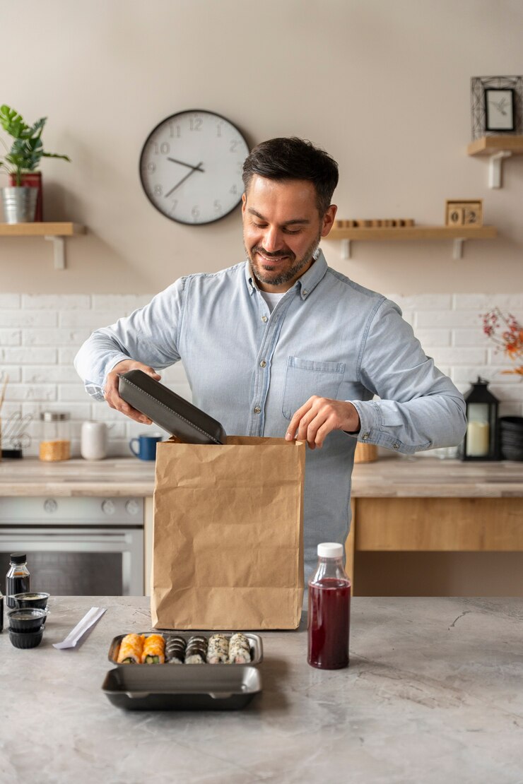 Photo gratuit homme avec vue de face de commande de sushi