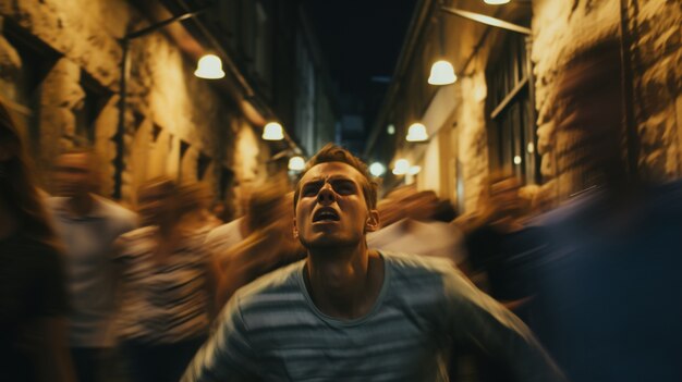 Homme vue de face éprouvant de l'anxiété dans une foule