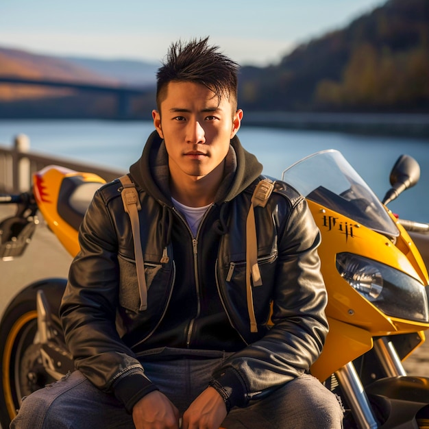 Photo gratuite homme vue de face avec moto