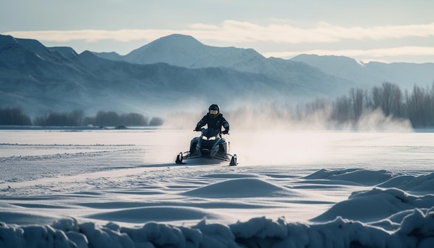 Des hommes conduisent un véhicule hors route à travers des montagnes enneigées générées par l'IA