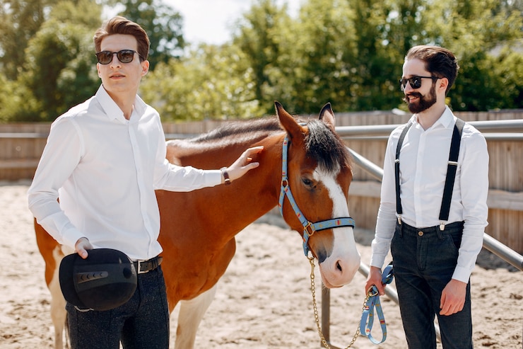 Photo gratuit hommes élégants, debout à côté d'un cheval dans un ranch