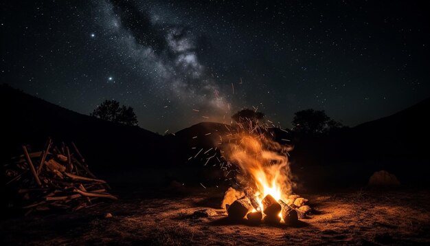 Hommes faisant de la randonnée dans un feu de camp de montagne brillant dans l'obscurité généré par l'IA
