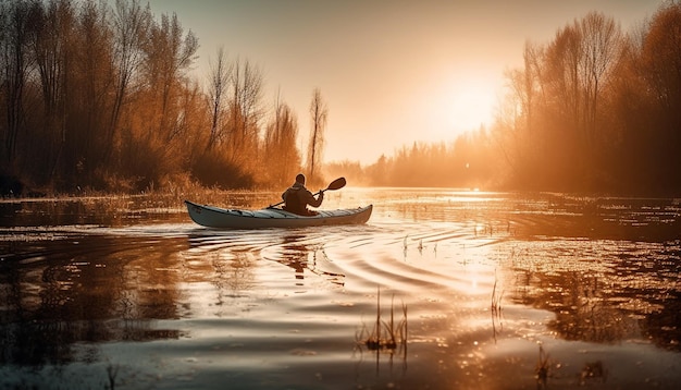 Hommes et femmes faisant du kayak au coucher du soleil en souriant généré par l'IA