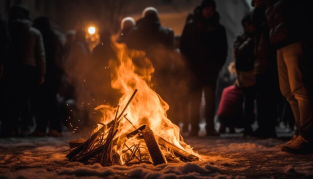 Des hommes et des femmes font griller de la viande sur du bois de chauffage généré par l'IA