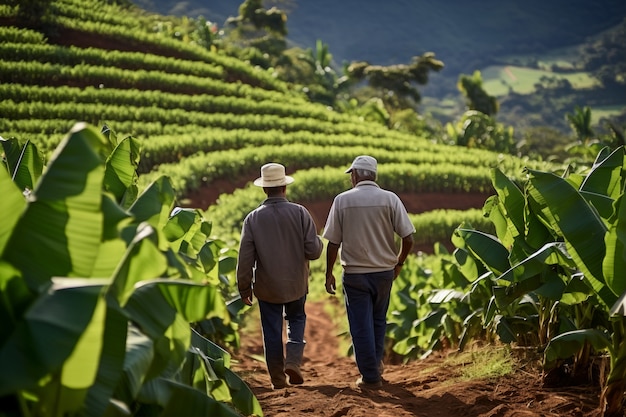 Hommes pleins de coups dans un champ de bananes