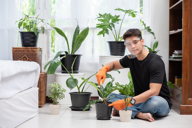 Des hommes portant des gants orange et plantant des arbres à l'intérieur.