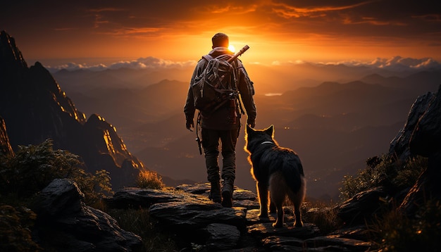 Photo gratuite hommes en randonnée avec un chien debout au sommet d'une montagne au coucher du soleil générés par l'intelligence artificielle