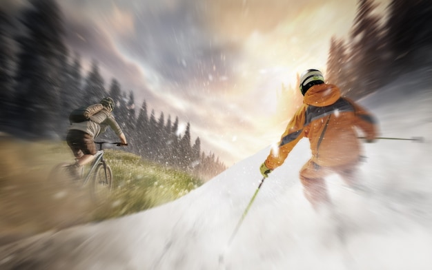 Hommes avec vélos et skis été contre hiver