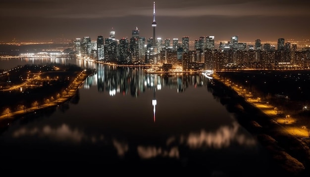 L'horizon de la ville brille dans la réflexion crépusculaire multicolore générée par l'IA