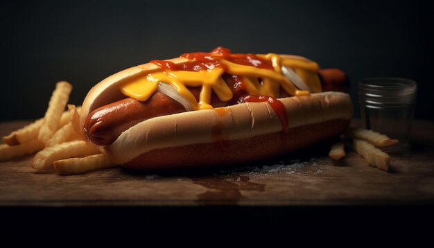 Photo gratuite hot-dog au bœuf grillé, frites, ketchup, collation américaine malsaine générée par l'intelligence artificielle