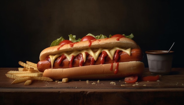 Photo gratuite hot-dog de bœuf grillé sur petit pain avec ketchup généré par l'intelligence artificielle