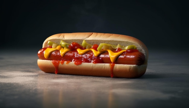 Hot-dog de bœuf grillé sur un petit pain pique-nique américain généré par l'intelligence artificielle