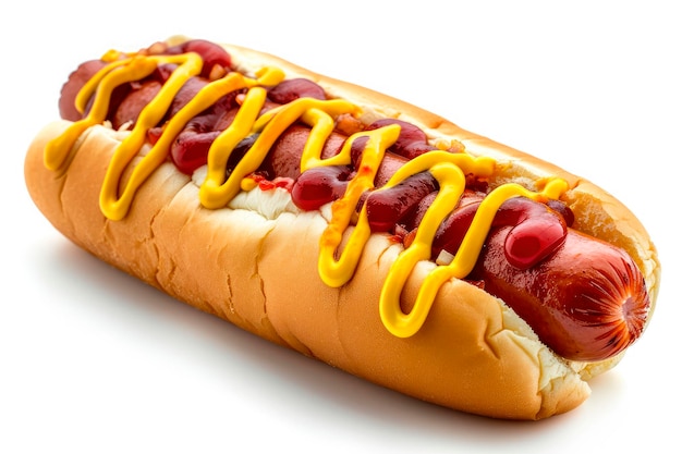 Hot-dog classique avec ketchup et sauce moutarde isolé sur fond blanc