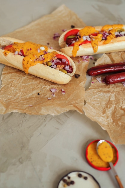 hot dog avec sauce sur surface blanche