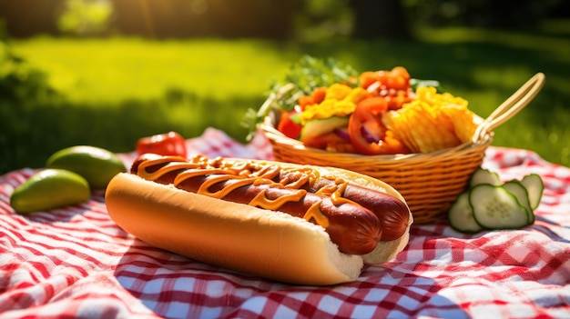Photo gratuite hot-dogs grillés avec du ketchup à la moutarde et des saveurs sur une table de pique-nique