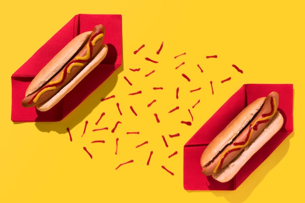 Photo gratuite hot-dogs et ketchup à plat