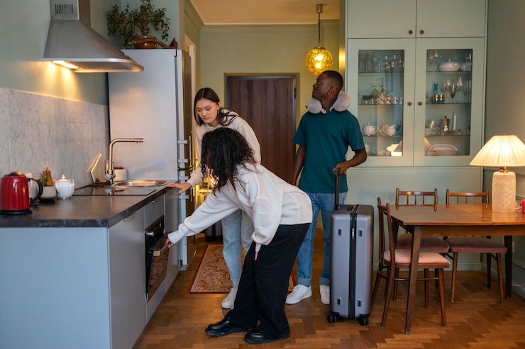 Photo gratuit hôte airbnb accueillant les invités