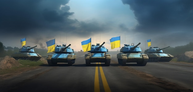 Photo gratuite l'ia générative une colonne de chars modernes descend une route battant pavillon de l'ukraine